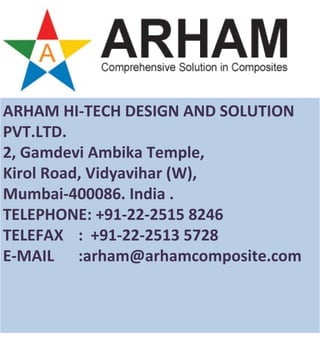 ARHAM HI-TECH DESIGN AND SOLUTION
PVT.LTD.
2, Gamdevi Ambika Temple,
Kirol Road, Vidyavihar (W),
Mumbai-400086. India .
TELEPHONE: +91-22-2515 8246
TELEFAX : +91-22-2513 5728
E-MAIL :arham@arhamcomposite.com
 