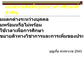 แนวความคิดพื้นฐานทางการศึกษาที่สำคัญ 1. ความแตกต่างระหว่างบุคคล 2. ความพร้อมหรือไม่พร้อม 3. การใช้เวลาเพื่อการศึกษา 4. การขยายตัวทางวิชาการและการเพิ่มของประชากร บุญเกื้อ ควรหาเวช  2543 