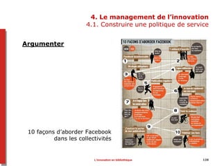 4. Le management de l’innovation
4.1. Construire une politique de service
Argumenter
10 façons d’aborder Facebook
dans les collectivités
L’innovation en bibliothèque 126
 