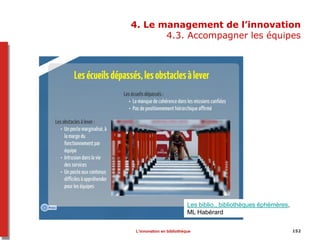 4. Le management de l’innovation
4.3. Accompagner les équipes
152
Les biblio., bibliothèques éphémères,
ML Habérard
L’innovation en bibliothèque
 