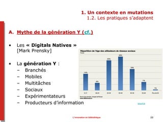 1. Un contexte en mutations
1.2. Les pratiques s’adaptent
A. Mythe de la génération Y (cf.)
• Les « Digitals Natives »
[Mark Prensky]
• La génération Y :
– Branchés
– Mobiles
– Multitâches
– Sociaux
– Expérimentateurs
– Producteurs d’information source
L’innovation en bibliothèque 22
 