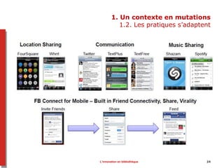 L’innovation en bibliothèque 24
1. Un contexte en mutations
1.2. Les pratiques s’adaptent
 
