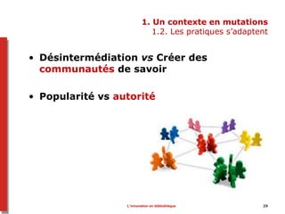 1. Un contexte en mutations
1.2. Les pratiques s’adaptent
• Désintermédiation vs Créer des
communautés de savoir
• Popularité vs autorité
L’innovation en bibliothèque 29
 