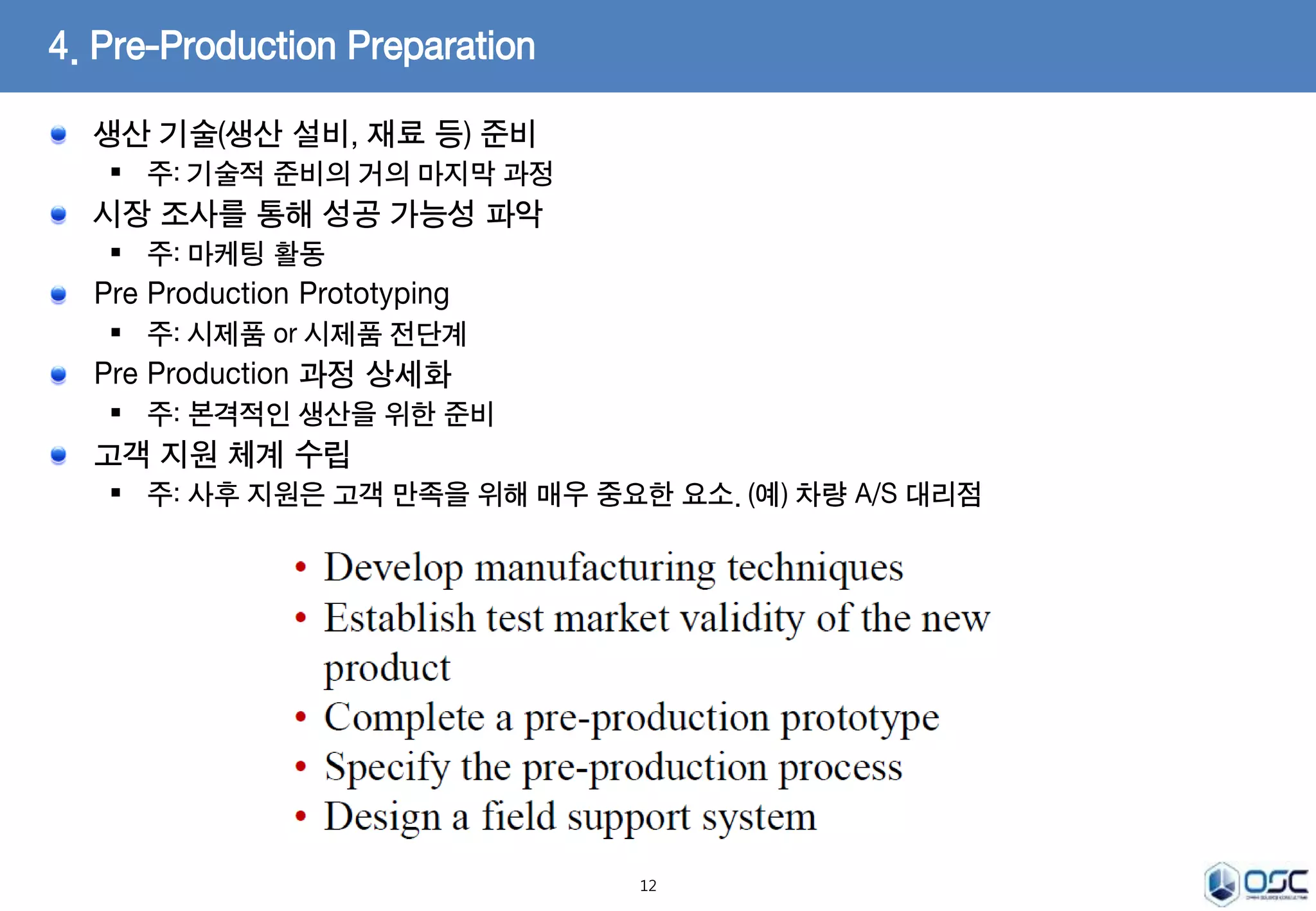 생산 기술(생산 설비, 재료 등) 준비 
 주: 기술적 준비의 거의 마지막 과정 
시장 조사를 통해 성공 가능성 파악 
 주: 마케팅 활동 
Pre Production Prototyping 
 주: 시제품 or 시제품 전단계 
Pre Production 과정 상세화 
 주: 본격적인 생산을 위한 준비 
고객 지원 체계 수립 
 주: 사후 지원은 고객 만족을 위해 매우 중요한 요소. (예) 차량 A/S 대리점 
12 
4. Pre-Production Preparation 
 