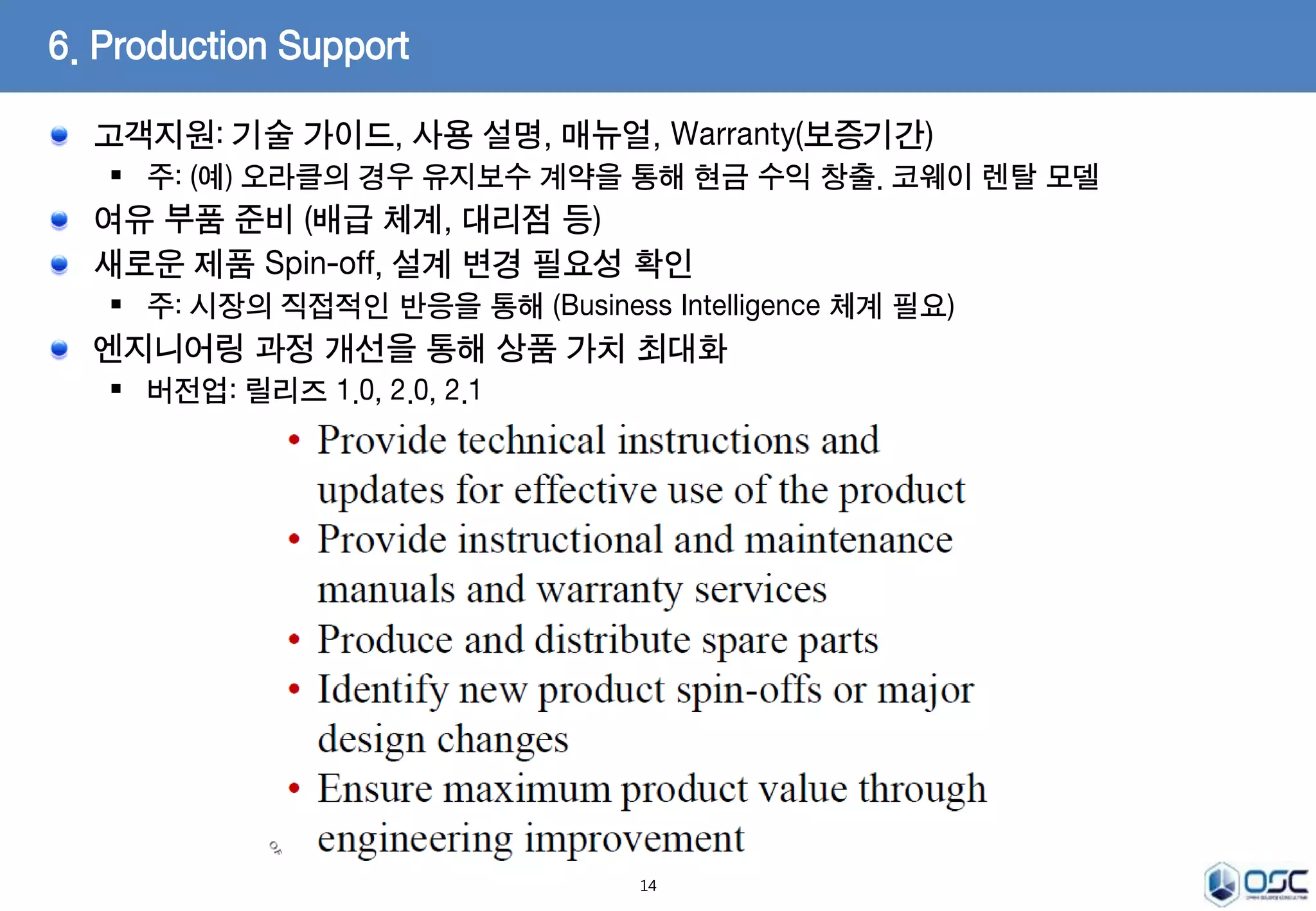 고객지원: 기술 가이드, 사용 설명, 매뉴얼, Warranty(보증기간) 
 주: (예) 오라클의 경우 유지보수 계약을 통해 현금 수익 창출. 코웨이 렌탈 모델 
여유 부품 준비 (배급 체계, 대리점 등) 
새로운 제품 Spin-off, 설계 변경 필요성 확인 
 주: 시장의 직접적인 반응을 통해 (Business Intelligence 체계 필요) 
엔지니어링 과정 개선을 통해 상품 가치 최대화 
 버전업: 릴리즈 1.0, 2.0, 2.1 
14 
6. Production Support 
 