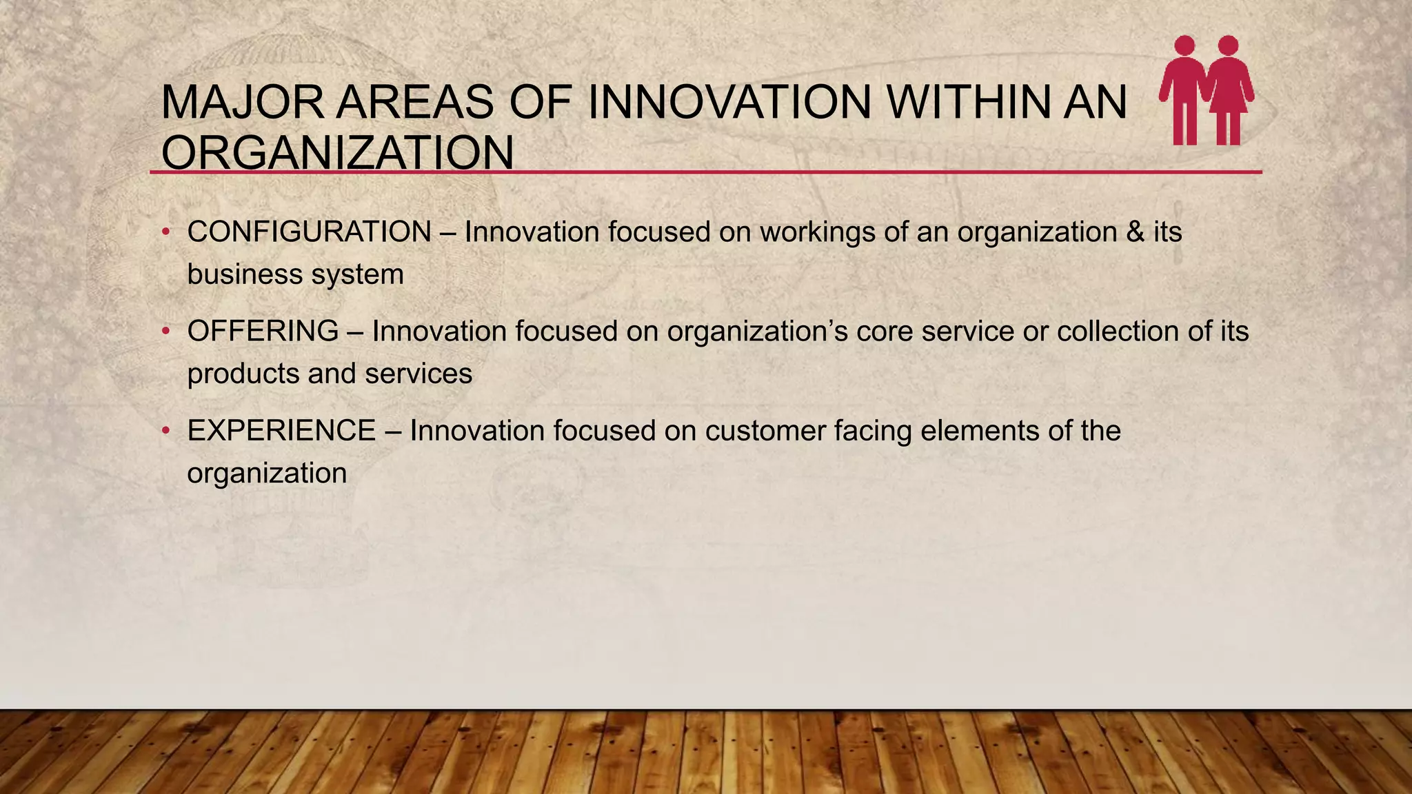 MAJOR AREAS OF INNOVATION WITHIN AN
ORGANIZATION
• CONFIGURATION – Innovation focused on workings of an organization & its
business system
• OFFERING – Innovation focused on organization’s core service or collection of its
products and services
• EXPERIENCE – Innovation focused on customer facing elements of the
organization
 