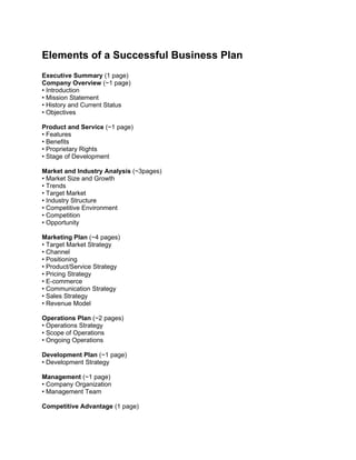 Elements of a Successful Business Plan
Executive Summary (1 page)
Company Overview (~1 page)
• Introduction
• Mission Statement
• History and Current Status
• Objectives

Product and Service (~1 page)
• Features
• Benefits
• Proprietary Rights
• Stage of Development

Market and Industry Analysis (~3pages)
• Market Size and Growth
• Trends
• Target Market
• Industry Structure
• Competitive Environment
• Competition
• Opportunity

Marketing Plan (~4 pages)
• Target Market Strategy
• Channel
• Positioning
• Product/Service Strategy
• Pricing Strategy
• E-commerce
• Communication Strategy
• Sales Strategy
• Revenue Model

Operations Plan (~2 pages)
• Operations Strategy
• Scope of Operations
• Ongoing Operations

Development Plan (~1 page)
• Development Strategy

Management (~1 page)
• Company Organization
• Management Team

Competitive Advantage (1 page)
 