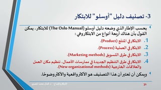 31‫د‬ ‫واإلبداع‬‫االبتكار‬.‫ي‬‫املصر‬ ‫محمد‬‫كمال‬
3-‫تصنيف‬‫دليل‬"‫أوسلو‬"‫لالبتكار‬
‫بحسب‬‫أوسلو‬ ‫دليل‬ ‫وضعه‬ ‫الذي‬‫اإلطار‬(The Oslo Manual)‫يمكن‬ ،‫لالبتكار‬
‫وهي‬‫االبتكار‬ ‫من‬ ‫أنواع‬ ‫بعة‬‫ر‬‫أ‬ ‫هناك‬ ‫بأن‬‫ل‬‫القو‬:
.1‫ج‬‫املنت‬ ‫في‬‫االبتكار‬(Product.)
.2‫العملية‬ ‫في‬‫االبتكار‬(Process.)
.3‫التسويق‬ ‫ق‬‫طر‬ ‫في‬‫االبتكار‬(Marketing methods.)
.4‫ال‬ ‫مكان‬ ‫تنظيم‬ ،‫األعمال‬‫سات‬‫ر‬‫مما‬ ‫في‬ ‫الجديدة‬ ‫التنظيم‬ ‫ق‬‫طر‬ ‫في‬‫االبتكار‬‫عمل‬
‫جية‬‫ر‬‫الخا‬ ‫والعالقات‬(New organizational methods.)
‫ا‬ ً‫وضوح‬‫واألكثر‬ ‫واقعية‬‫األكثر‬‫هو‬ ‫التصنيف‬‫هذا‬ ‫أن‬‫تعتبر‬ ‫أن‬ ‫ويمكن‬.
 