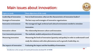 54
Introduction tothe concepts of Creativity & Innovation, by Kamal M. AL MASRI
Main issues about innovation:
Mainobjectiv...