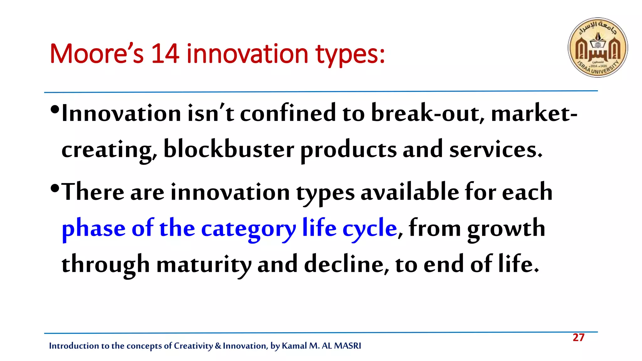 27
Introduction tothe concepts of Creativity & Innovation, by Kamal M. AL MASRI
Moore’s 14 innovation types:
•Innovation isn’t confined to break-out, market-
creating,blockbuster productsand services.
•Thereare innovation typesavailablefor each
phase of the category lifecycle,from growth
through maturityand decline,to end of life.
 