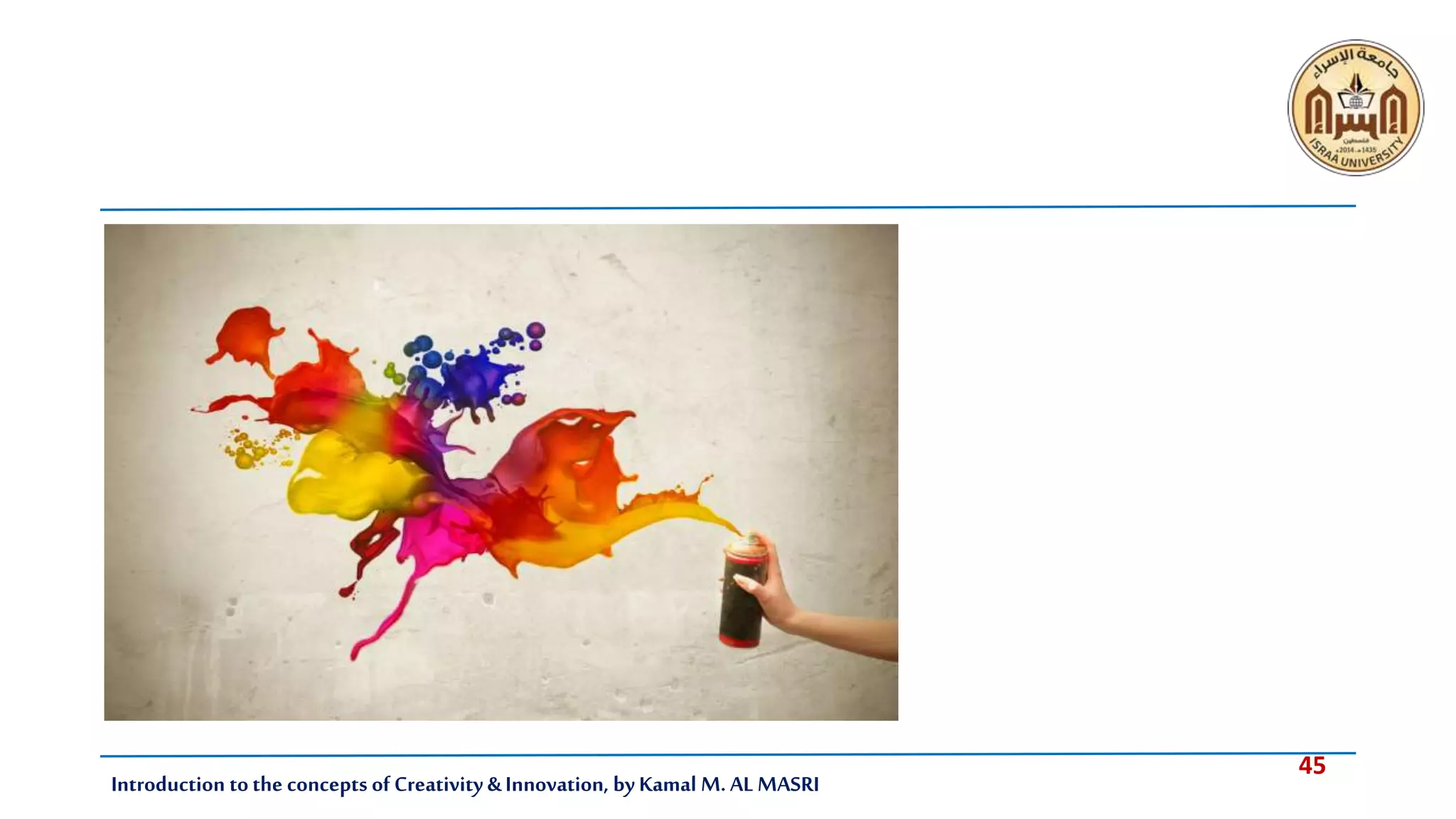 45
Introduction tothe concepts of Creativity & Innovation, by Kamal M. AL MASRI
 