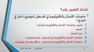 2‫د‬ ‫واإلبداع‬‫االبتكار‬.‫ي‬‫املصر‬ ‫محمد‬ ‫كمال‬
‫نشاط‬‫للتعيين‬‫قم‬‫ر‬1
‫في‬ ‫والتكنولوجيا‬ ‫األعمال‬ ‫حاضنات‬‫فلسطين‬(‫داخ‬ ‫موضوع‬‫في‬ ‫ل‬
‫املنهاج‬: )
.1‫بحاضنات‬ ‫تعريف‬‫األعمال‬‫وأنواعها‬ ‫والتكنولوجيا‬.
.2‫أهميتها‬.
.3‫أنشطتها‬ ‫أهم‬.
.4‫في‬ ‫والتكنولوجيا‬ ‫األعمال‬ ‫حاضنات‬‫فلسطين‬:‫قام‬‫ر‬‫أ‬‫ومعلومات‬.
.5‫فلسطين‬ ‫في‬ ‫والتكنولوجيا‬ ‫األعمال‬ ‫حاضنات‬:‫وتوص‬ ‫وتحديات‬ ‫مشاكل‬‫يات‬.
 