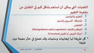 25‫د‬ ‫واإلبداع‬‫االبتكار‬.‫ي‬‫املصر‬ ‫محمد‬ ‫كمال‬
‫التقل‬ ‫في‬‫كبير‬ ‫بشكل‬ ‫تساهم‬ ‫أن‬ ‫يمكن‬ ‫التي‬ ‫التقنيات‬‫من‬ ‫يل‬
‫التغيير‬ ‫مقاومة‬
.1‫والتواصل‬ ‫التعليم‬.
.2‫املشاركة‬‫التسهيل‬ ،‫والدعم‬.
.3‫التفاوض‬.
.4‫التحكم‬‫واالنتقاء‬(Manipulation and co-optation.)
.5‫ا‬
ً
‫أحيان‬‫اإلجبار‬‫أو‬ ‫الفرض‬(Coercion.)
‫كل‬‫معي‬ ‫حال‬ ‫في‬ ‫تصلح‬ ‫وقد‬ ‫وسلبيات‬ ‫إيجابيات‬ ‫لها‬ ‫طريقة‬‫ن‬‫دو‬ ‫نة‬
‫غيرها‬.
 