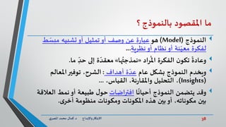38‫د‬ ‫واإلبداع‬‫االبتكار‬.‫ي‬‫املصر‬ ‫محمد‬ ‫كمال‬
‫ما‬‫املقصود‬‫بالنموذج‬‫؟‬
‫النموذج‬(Model)‫هو‬‫ط‬ ّ‫مبس‬ ‫تشبيه‬‫أو‬ ‫تمثيل‬‫أو‬ ‫وصف‬ ‫عن‬ ‫ة‬‫ر‬‫عبا‬
‫نظرية‬‫أو‬ ‫نظام‬‫أو‬ ‫نة‬ّ‫معي‬ ‫لفكرة‬...
ّ
‫وعادة‬‫راد‬
ُ
‫امل‬ ‫الفكرة‬ ‫ن‬‫تكو‬«‫ها‬ُ‫نمذجت‬»‫ما‬ ِّ
ّ‫حد‬ ‫إلى‬ ‫ة‬ ّ‫معقد‬.
‫ويخدم‬‫عام‬ ‫بشكل‬ ‫النموذج‬‫أهداف‬ ‫ة‬ ّ‫عد‬:‫املعالم‬‫توفير‬ ،‫الشرح‬
(Insights)،‫القياس‬ ،‫نة‬‫ر‬‫واملقا‬ ‫التحليل‬ ،...
‫وقد‬‫ا‬
ً
‫أحيان‬ ‫النموذج‬ ‫يتضمن‬‫افتراضات‬‫العال‬ ‫نمط‬‫أو‬ ‫طبيعة‬ ‫ل‬‫حو‬‫قة‬
‫ى‬‫أخر‬ ‫منظومة‬ ‫ومكونات‬ ‫املكونات‬ ‫هذه‬ ‫بين‬‫أو‬ ،‫مكوناته‬ ‫بين‬.
 
