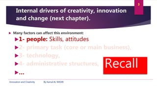 Innovation and Creativity By Kamal AL MASRI
3
Internal drivers of creativity, innovation
and change (next chapter).
 Many...