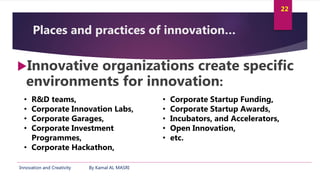 Innovation and Creativity By Kamal AL MASRI
22
Places and practices of innovation…
Innovative organizations create specif...
