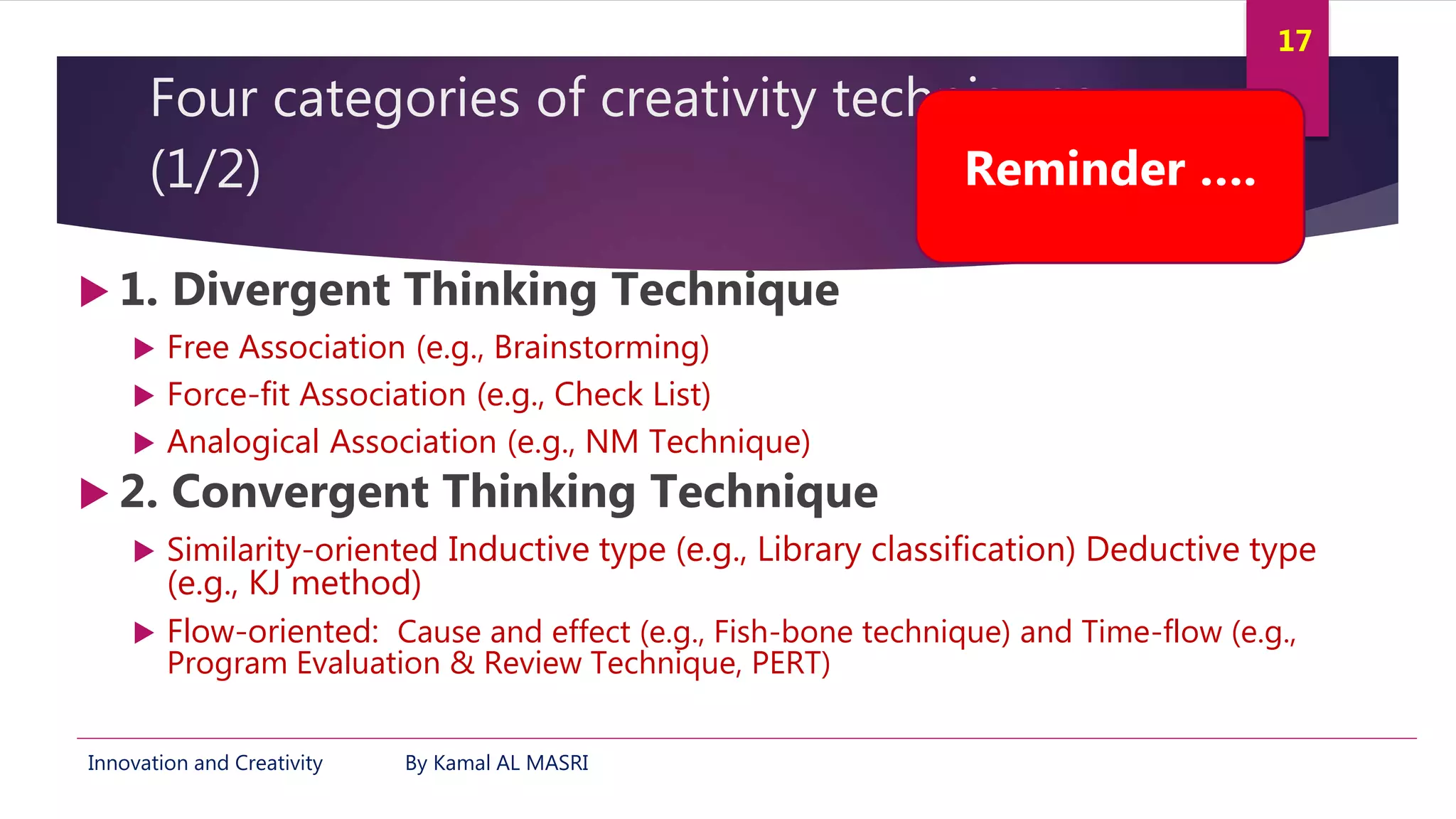 Innovation and Creativity By Kamal AL MASRI
17
Four categories of creativity techniques
(1/2)
 1. Divergent Thinking Technique
 Free Association (e.g., Brainstorming)
 Force-fit Association (e.g., Check List)
 Analogical Association (e.g., NM Technique)
 2. Convergent Thinking Technique
 Similarity-oriented Inductive type (e.g., Library classification) Deductive type
(e.g., KJ method)
 Flow-oriented: Cause and effect (e.g., Fish-bone technique) and Time-flow (e.g.,
Program Evaluation & Review Technique, PERT)
Reminder ….
 
