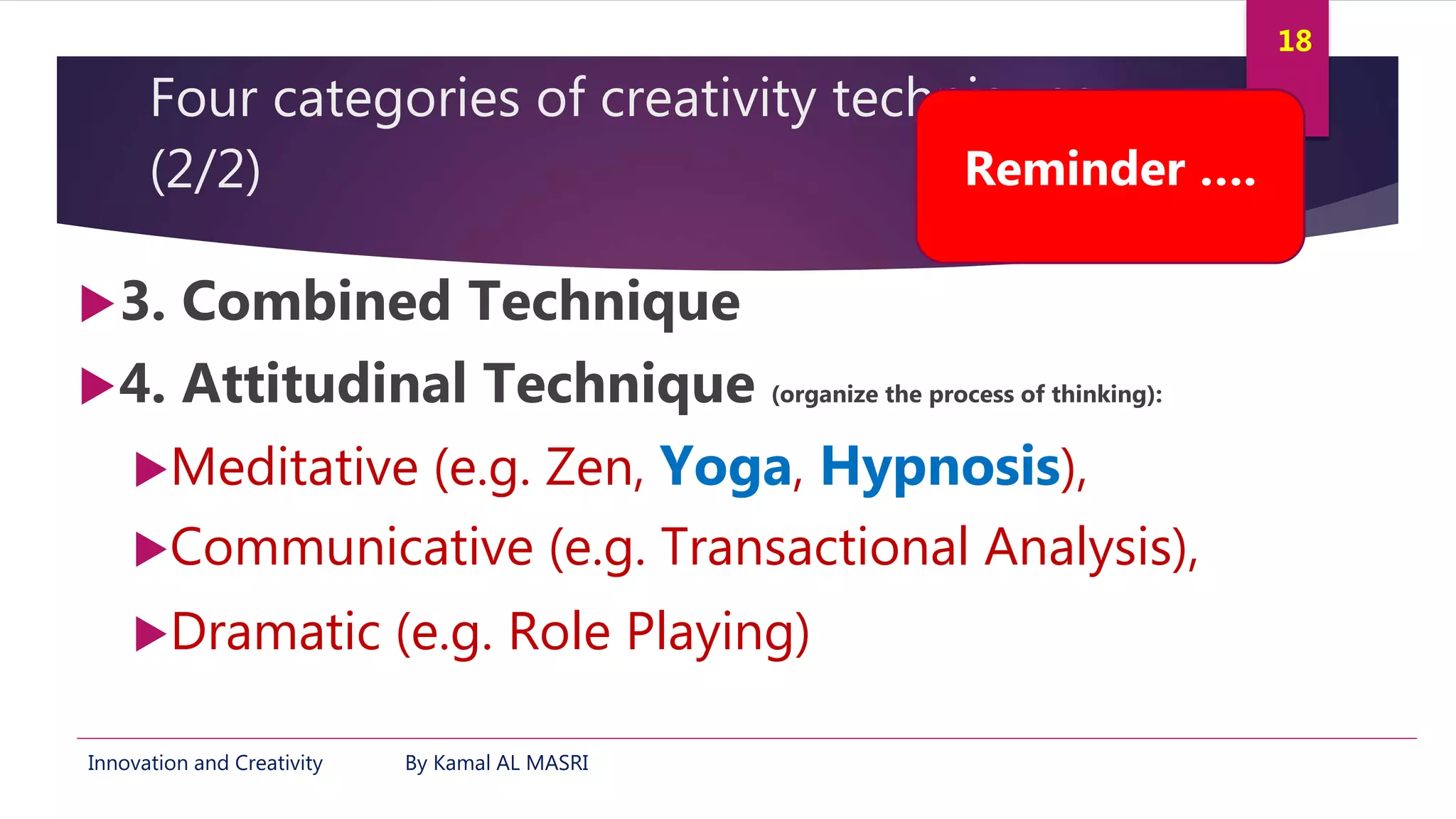 Innovation and Creativity By Kamal AL MASRI
18
Four categories of creativity techniques
(2/2)
3. Combined Technique
4. Attitudinal Technique (organize the process of thinking):
Meditative (e.g. Zen, Yoga, Hypnosis),
Communicative (e.g. Transactional Analysis),
Dramatic (e.g. Role Playing)
Reminder ….
 