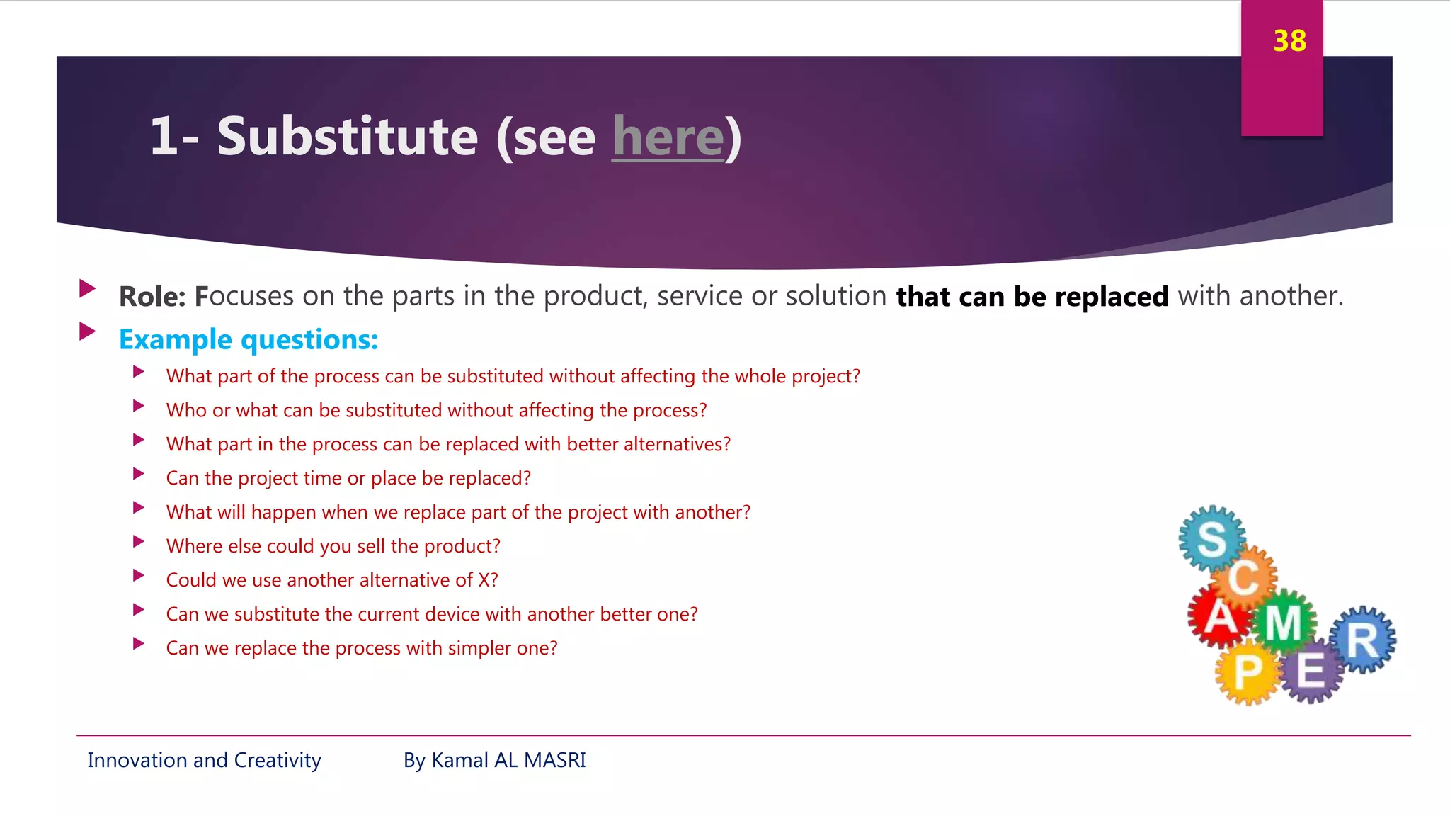 Innovation and Creativity By Kamal AL MASRI
38
1- Substitute (see here)
 Role: Focuses on the parts in the product, service or solution that can be replaced with another.
 Example questions:
 What part of the process can be substituted without affecting the whole project?
 Who or what can be substituted without affecting the process?
 What part in the process can be replaced with better alternatives?
 Can the project time or place be replaced?
 What will happen when we replace part of the project with another?
 Where else could you sell the product?
 Could we use another alternative of X?
 Can we substitute the current device with another better one?
 Can we replace the process with simpler one?
 