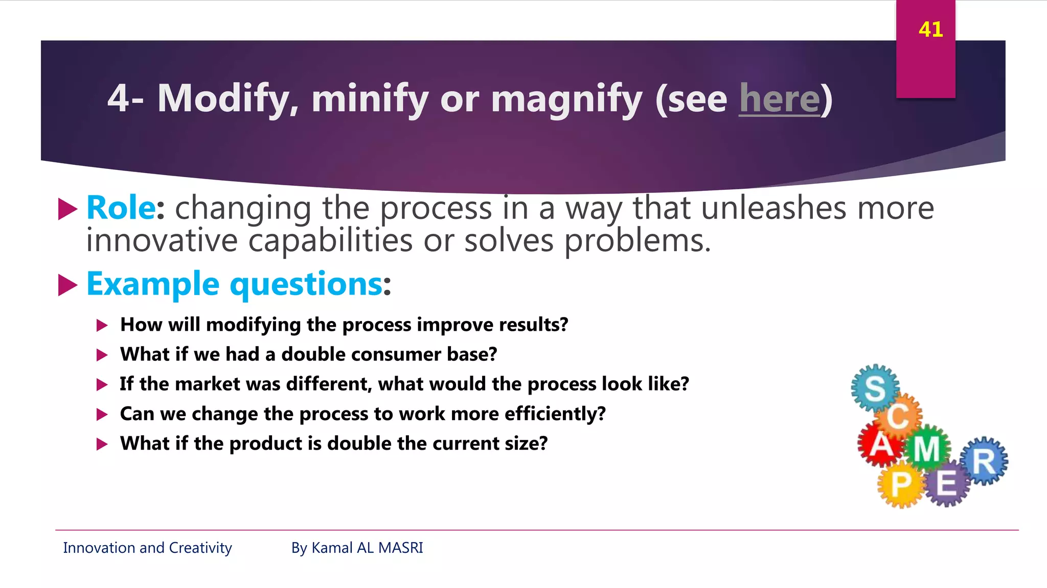 Innovation and Creativity By Kamal AL MASRI
41
4- Modify, minify or magnify (see here)
 Role: changing the process in a way that unleashes more
innovative capabilities or solves problems.
 Example questions:
 How will modifying the process improve results?
 What if we had a double consumer base?
 If the market was different, what would the process look like?
 Can we change the process to work more efficiently?
 What if the product is double the current size?
 