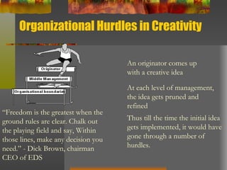 Organizational Hurdles in Creativity “ Freedom is the greatest when the ground rules are clear. Chalk out the playing field and say, Within those lines, make any decision you need.” - Dick Brown, chairman CEO of EDS Thus till the time the initial idea gets implemented, it would have gone through a number of hurdles. An originator comes up with a creative idea At each level of management, the idea gets pruned and refined 