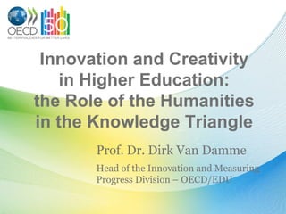 Innovation and Creativity
    in Higher Education:
the Role of the Humanities
in the Knowledge Triangle
       Prof. Dr. Dirk Van Damme
       Head of the Innovation and Measuring
       Progress Division – OECD/EDU
 