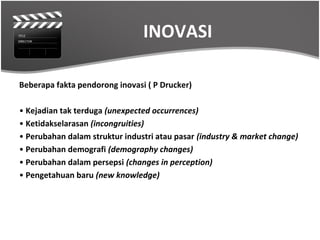 INOVASI

Beberapa fakta pendorong inovasi ( P Drucker)

• Kejadian tak terduga (unexpected occurrences)
• Ketidakselarasan (incongruities)
• Perubahan dalam struktur industri atau pasar (industry & market change)
• Perubahan demografi (demography changes)
• Perubahan dalam persepsi (changes in perception)
• Pengetahuan baru (new knowledge)
 