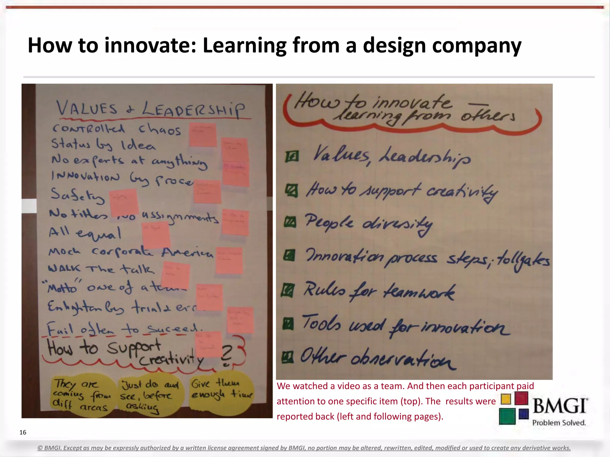 How to innovate: Learning from a design company




                                                                                        We watched a video as a team. And then each participant paid
                                                                                        attention to one specific item (top). The results were
                                                                                        reported back (left and following pages).
16

     © BMGI. Except as may be expressly authorized by a written license agreement signed by BMGI, no portion may be altered, rewritten, edited, modified or used to create any derivative works.
 