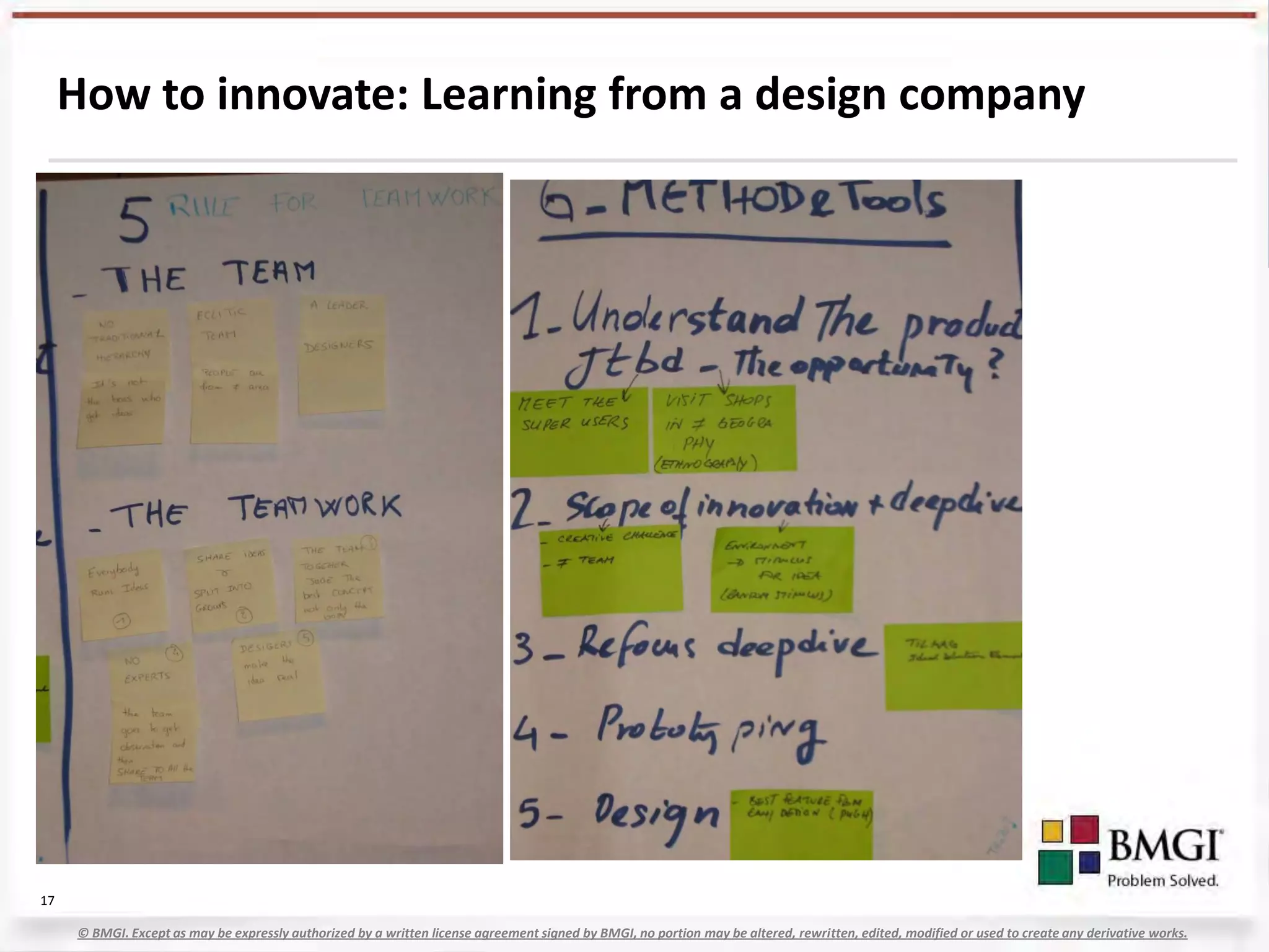 How to innovate: Learning from a design company




17

     © BMGI. Except as may be expressly authorized by a written license agreement signed by BMGI, no portion may be altered, rewritten, edited, modified or used to create any derivative works.
 