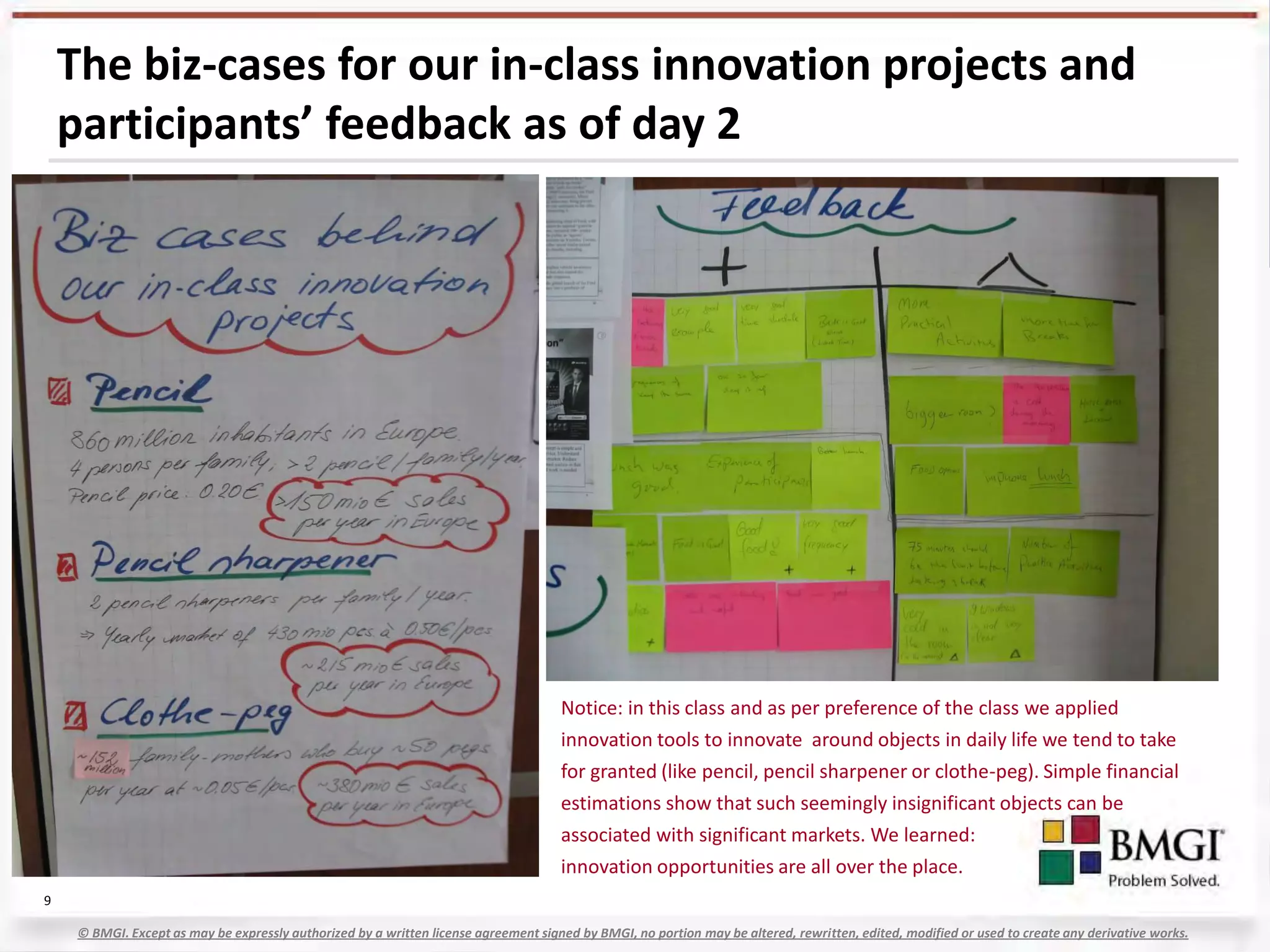The biz-cases for our in-class innovation projects and
    participants’ feedback as of day 2




                                                                                      Notice: in this class and as per preference of the class we applied
                                                                                      innovation tools to innovate around objects in daily life we tend to take
                                                                                      for granted (like pencil, pencil sharpener or clothe-peg). Simple financial
                                                                                      estimations show that such seemingly insignificant objects can be
                                                                                      associated with significant markets. We learned:
                                                                                      innovation opportunities are all over the place.
9

     © BMGI. Except as may be expressly authorized by a written license agreement signed by BMGI, no portion may be altered, rewritten, edited, modified or used to create any derivative works.
 