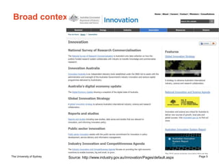 The University of Sydney Page 5
Broad context
Source: http://www.industry.gov.au/innovation/Pages/default.aspx
 