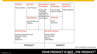 Design + Development

                                                               Product
                                                               Vision     backlog
                       t Ow        ner
                 Produc

                                        Story-
                                           -mapping
                                             backbone
                   Personas                user stories                                 Design and Development
                      profile                                            Prototyping   share the same values and
                      buglist
                                                                 artifacts
                                                                         artifacts         are complementary
                                                                 paper prototypes

                                                   Synthesis
                                               story telling
                   Dev teams                     clustering



© SAP 2012 | AG. All rights reserved.
   ©  2012 SAP 21                                                  COMBINE	
  DESIGN	
  AND	
  DEVELOPMENT	
   21
 