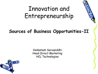 Innovation and Entrepreneurship ,[object Object],Venkatesh Sarvasiddhi Head-Direct Marketing HCL Technologies 