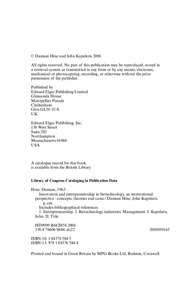 Innovation And Entrepreneurship In Biotechnology An Intl