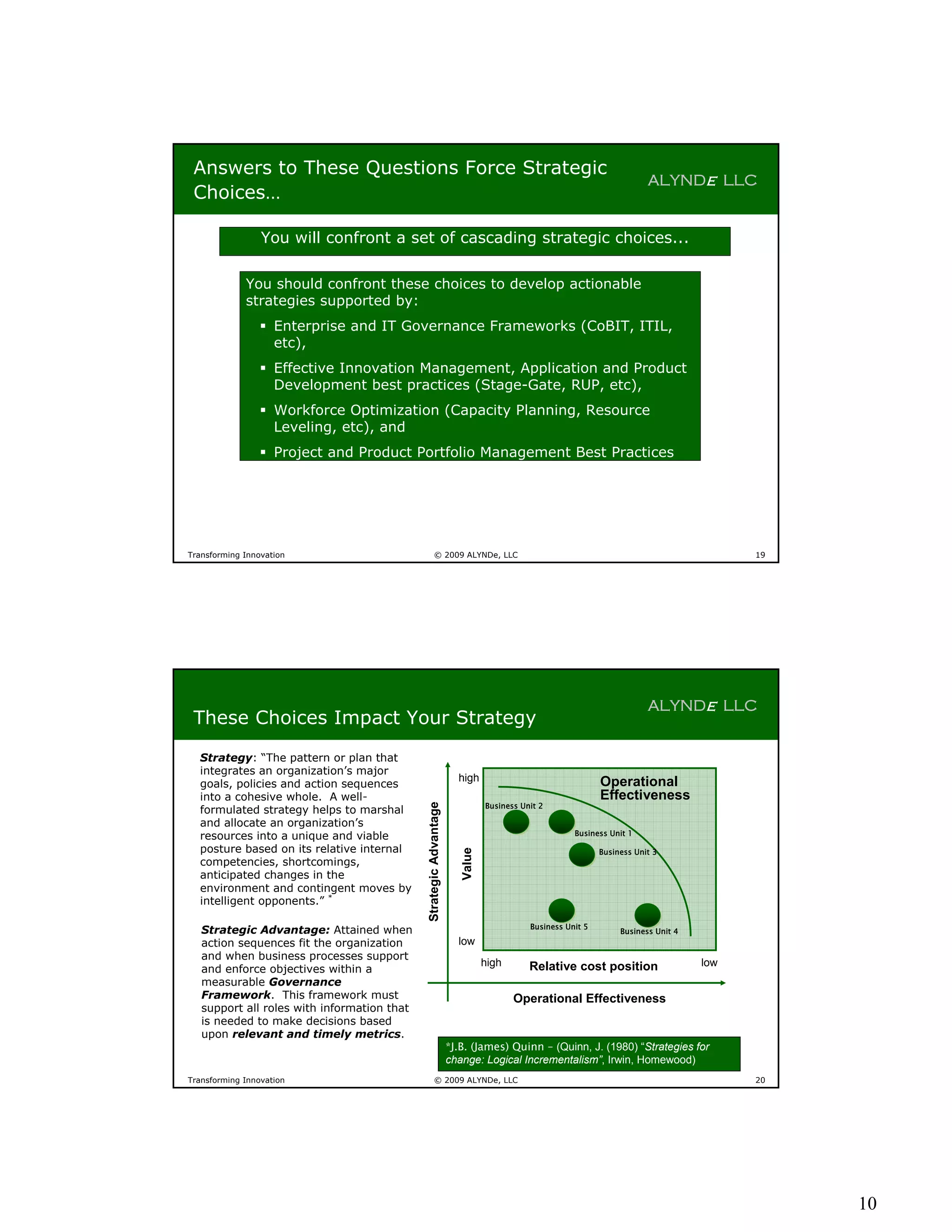 Answers to These Questions Force Strategic
                                                                                                                       ALYNDe LLC
 Choices…

                 You will confront a set of cascading strategic choices...

             You should confront these choices to develop actionable
             strategies supported by:
                  Enterprise and IT Governance Frameworks (CoBIT, ITIL,
                   etc),
                  Effective Innovation Management, Application and Product
                   Development best practices (Stage-Gate, RUP, etc),
                  Workforce Optimization (Capacity Planning, Resource
                   Leveling, etc), and
                  Project and Product Portfolio Management Best Practices




Transforming Innovation                              © 2009 ALYNDe, LLC                                                                 19




                                                                                                                       ALYNDe LLC
 These Choices Impact Your Strategy

  Strategy: “The pattern or plan that
  integrates an organization’s major
                                                                     high                                  Operational
  goals, policies and action sequences
  into a cohesive whole. A well-                                                                           Effectiveness
                                                                              Business Unit 2
                                             Strategic Advantage




  formulated strategy helps to marshal
  and allocate an organization’s
  resources into a unique and viable                                                                Business Unit 1

  posture based on its relative internal                                                                   Business Unit 3
                                                                      Value




  competencies, shortcomings,
  anticipated changes in the
  environment and contingent moves by
  intelligent opponents.” *

                                                                                         Business Unit 5
   Strategic Advantage: Attained when                                                                           Business Unit 4
   action sequences fit the organization                             low
   and when business processes support
                                                                              high       Relative cost position                   low
   and enforce objectives within a
   measurable Governance
   Framework. This framework must                                                    Operational Effectiveness
   support all roles with information that
   is needed to make decisions based
   upon relevant and timely metrics.
                                                                   *J.B. (James) Quinn – (Quinn, J. (1980) “Strategies for
                                                                   change: Logical Incrementalism”, Irwin, Homewood)
Transforming Innovation                              © 2009 ALYNDe, LLC                                                                 20




                                                                                                                                             10
 