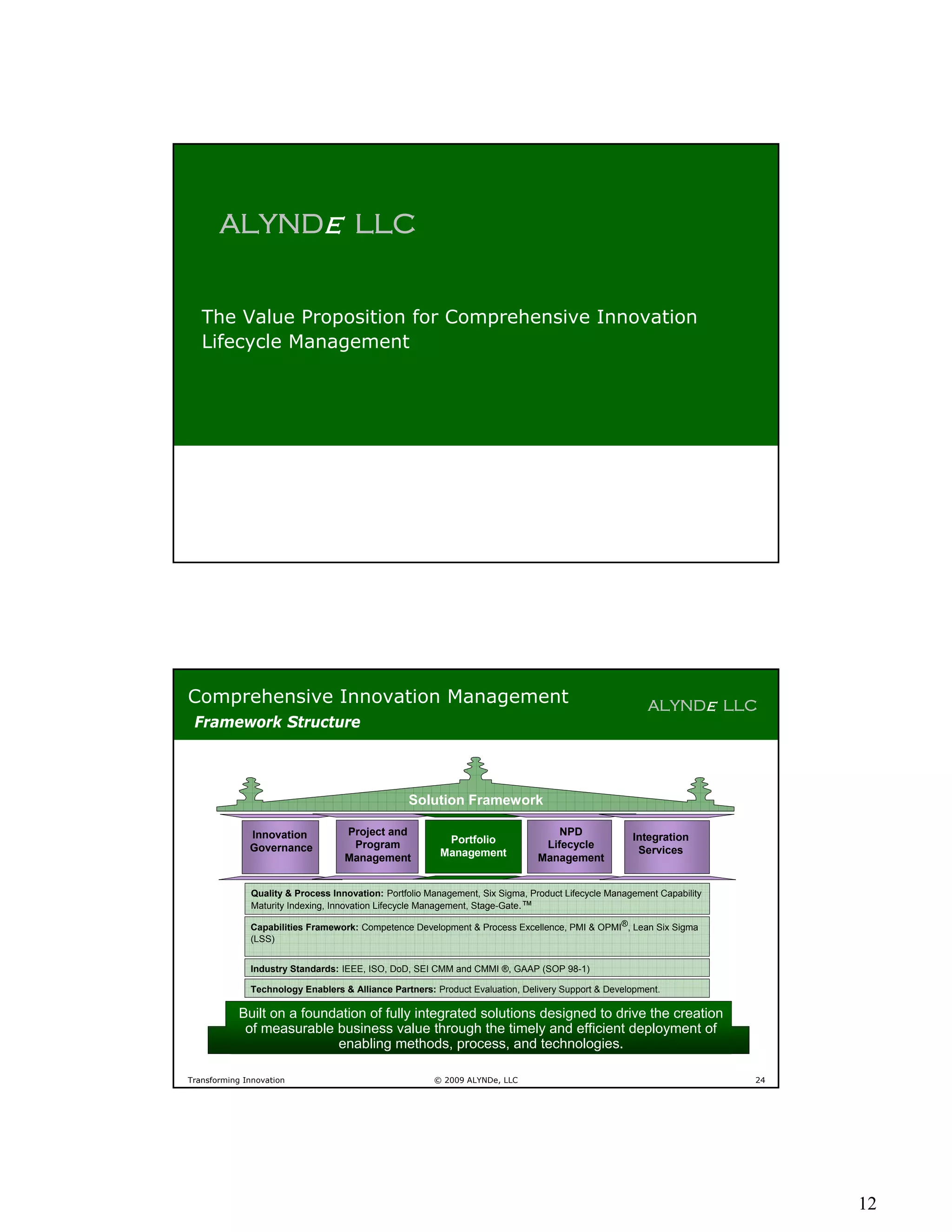 ALYNDe LLC


   The Value Proposition for Comprehensive Innovation
   Lifecycle Management




Comprehensive Innovation Management                                                                    ALYNDe LLC
 Framework Structure



                                                 Solution Framework

              Innovation           Project and                                    NPD
                                                         Portfolio                                  Integration
              Governance            Program                                    Lifecycle
                                                        Management                                   Services
                                   Management                                 Management


              Quality & Process Innovation: Portfolio Management, Six Sigma, Product Lifecycle Management Capability
              Maturity Indexing, Innovation Lifecycle Management, Stage-Gate.™

              Capabilities Framework: Competence Development & Process Excellence, PMI & OPMI®, Lean Six Sigma
              (LSS)


              Industry Standards: IEEE, ISO, DoD, SEI CMM and CMMI ®, GAAP (SOP 98-1)

              Technology Enablers & Alliance Partners: Product Evaluation, Delivery Support & Development.

            Built on a foundation of fully integrated solutions designed to drive the creation
             of measurable business value through the timely and efficient deployment of
                            enabling methods, process, and technologies.

Transforming Innovation                                © 2009 ALYNDe, LLC                                              24




                                                                                                                            12
 