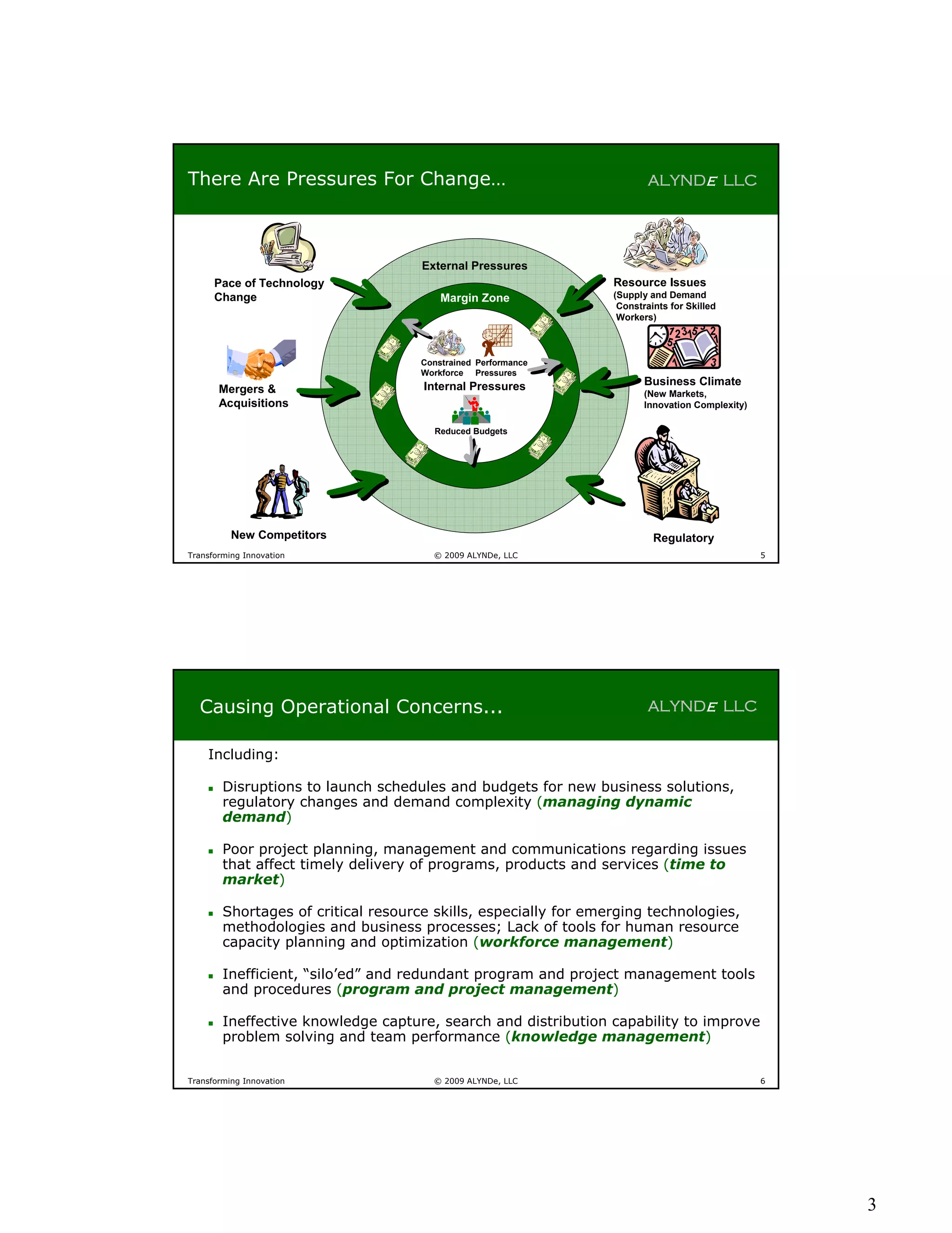 There Are Pressures For Change…                                           ALYNDe LLC




                                      External Pressures
        Pace of Technology                                        Resource Issues
        Change                            Margin Zone             (Supply and Demand
                                                                   Constraints for Skilled
                                                                   Workers)



                                      Constrained Performance
                                      Workforce Pressures
                                      Internal Pressures                 Business Climate
        Mergers &                                                        (New Markets,
        Acquisitions                                                     Innovation Complexity)

                                        Reduced Budgets




          New Competitors                                                  Regulatory
Transforming Innovation                 © 2009 ALYNDe, LLC                                        5




  Causing Operational Concerns...                                         ALYNDe LLC


    Including:

        Disruptions to launch schedules and budgets for new business solutions,
         regulatory changes and demand complexity (managing dynamic
         demand)

        Poor project planning, management and communications regarding issues
         that affect timely delivery of programs, products and services (time to
         market)

        Shortages of critical resource skills, especially for emerging technologies,
         methodologies and business processes; Lack of tools for human resource
         capacity planning and optimization (workforce management)

        Inefficient, “silo’ed” and redundant program and project management tools
         and procedures (program and project management)

        Ineffective knowledge capture, search and distribution capability to improve
         problem solving and team performance (knowledge management)


Transforming Innovation                 © 2009 ALYNDe, LLC                                        6




                                                                                                      3
 