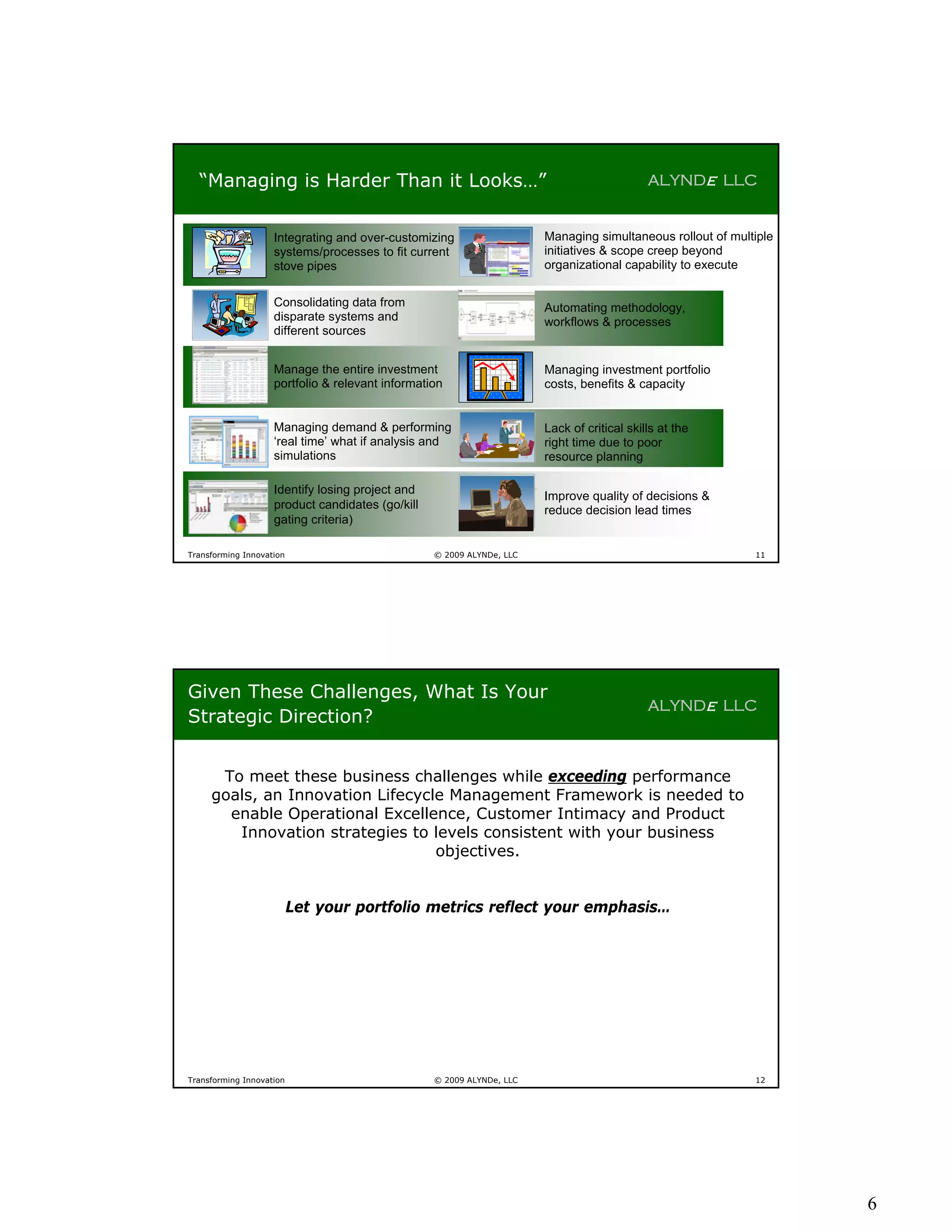 “Managing is Harder Than it Looks…”                                                       ALYNDe LLC


                    Integrating and over-customizing                   Managing simultaneous rollout of multiple
                    systems/processes to fit current                   initiatives & scope creep beyond
                    stove pipes                                        organizational capability to execute


                    Consolidating data from                            Automating methodology,
                    disparate systems and                              workflows & processes
                    different sources


                    Manage the entire investment                       Managing investment portfolio
                    portfolio & relevant information                   costs, benefits & capacity


                    Managing demand & performing                       Lack of critical skills at the
                    ‘real time’ what if analysis and                   right time due to poor
                    simulations                                        resource planning

                    Identify losing project and
                                                                       Improve quality of decisions &
                    product candidates (go/kill                        reduce decision lead times
                    gating criteria)

Transforming Innovation                           © 2009 ALYNDe, LLC                                        11




Given These Challenges, What Is Your
                                                                                            ALYNDe LLC
Strategic Direction?


      To meet these business challenges while exceeding performance
     goals, an Innovation Lifecycle Management Framework is needed to
       enable Operational Excellence, Customer Intimacy and Product
        Innovation strategies to levels consistent with your business
                                  objectives.


                          Let your portfolio metrics reflect your emphasis…




Transforming Innovation                           © 2009 ALYNDe, LLC                                        12




                                                                                                                   6
 