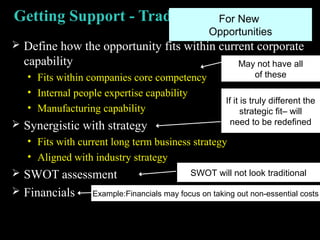 Getting Support - Traditionally
 Define how the opportunity fits within current corporate
capability
• Fits within compan...