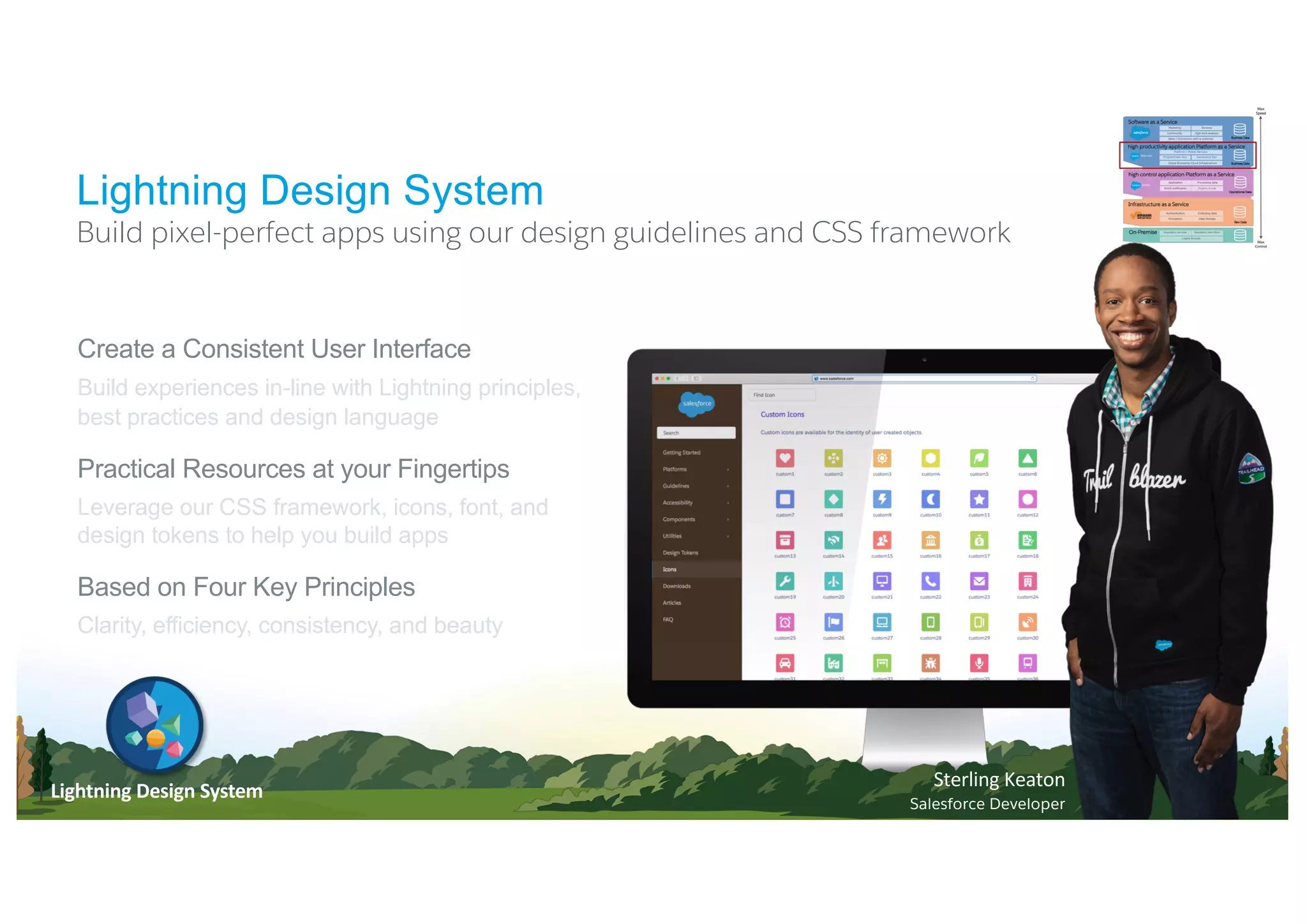 Create a Consistent User Interface
Build experiences in-line with Lightning principles,
best practices and design language
Practical Resources at your Fingertips
Leverage our CSS framework, icons, font, and
design tokens to help you build apps
Based on Four Key Principles
Clarity, efficiency, consistency, and beauty
Build pixel-perfect apps using our design guidelines and CSS framework
Lightning Design System
Lightning Design System
Sterling Keaton
Salesforce Developer
 
