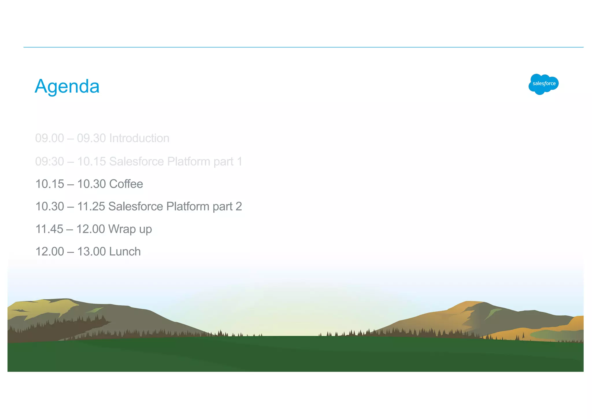 Agenda
09.00 – 09.30 Introduction
09:30 – 10.15 Salesforce Platform part 1
10.15 – 10.30 Coffee
10.30 – 11.25 Salesforce Platform part 2
11.45 – 12.00 Wrap up
12.00 – 13.00 Lunch
 