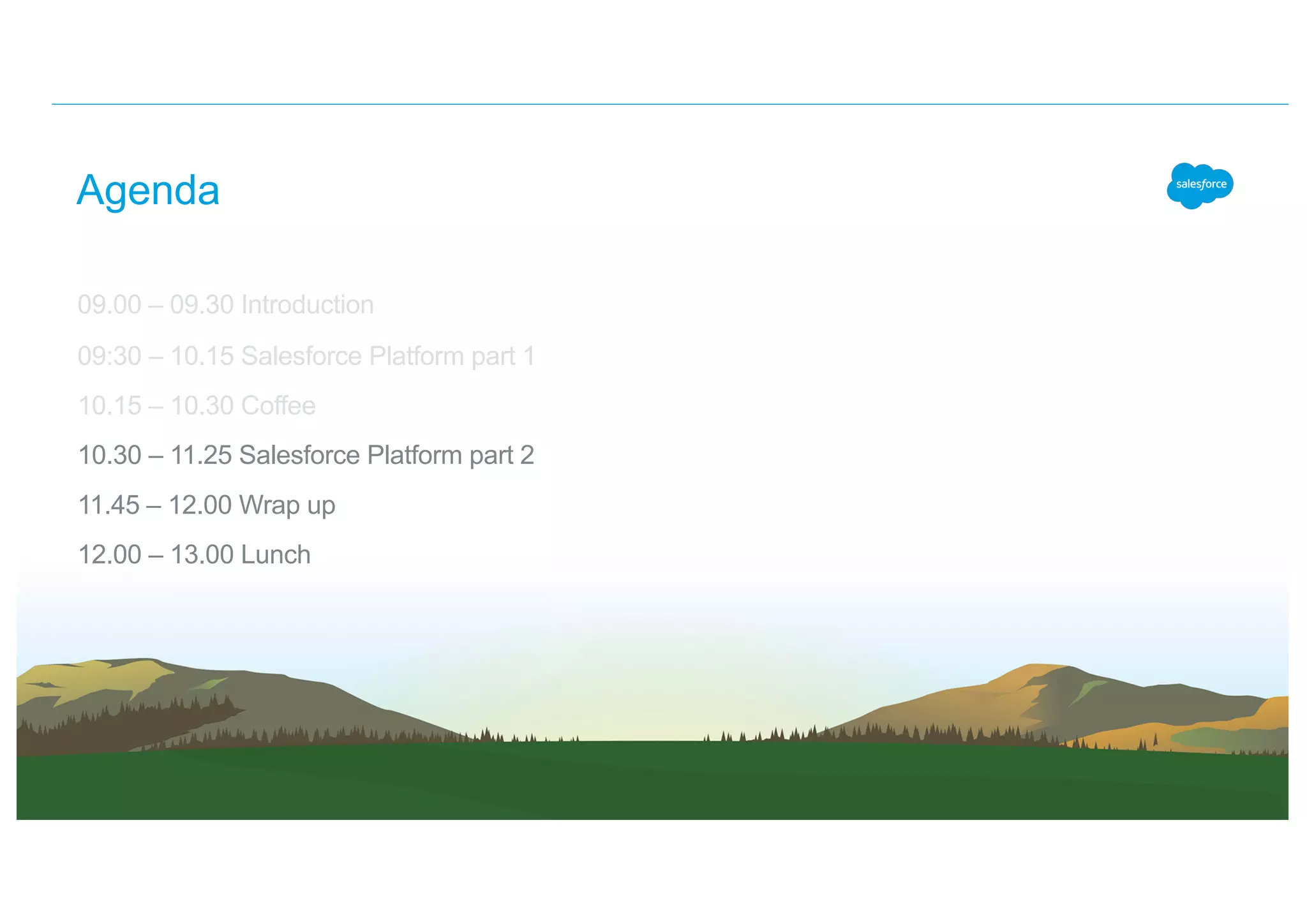 Agenda
09.00 – 09.30 Introduction
09:30 – 10.15 Salesforce Platform part 1
10.15 – 10.30 Coffee
10.30 – 11.25 Salesforce Platform part 2
11.45 – 12.00 Wrap up
12.00 – 13.00 Lunch
 