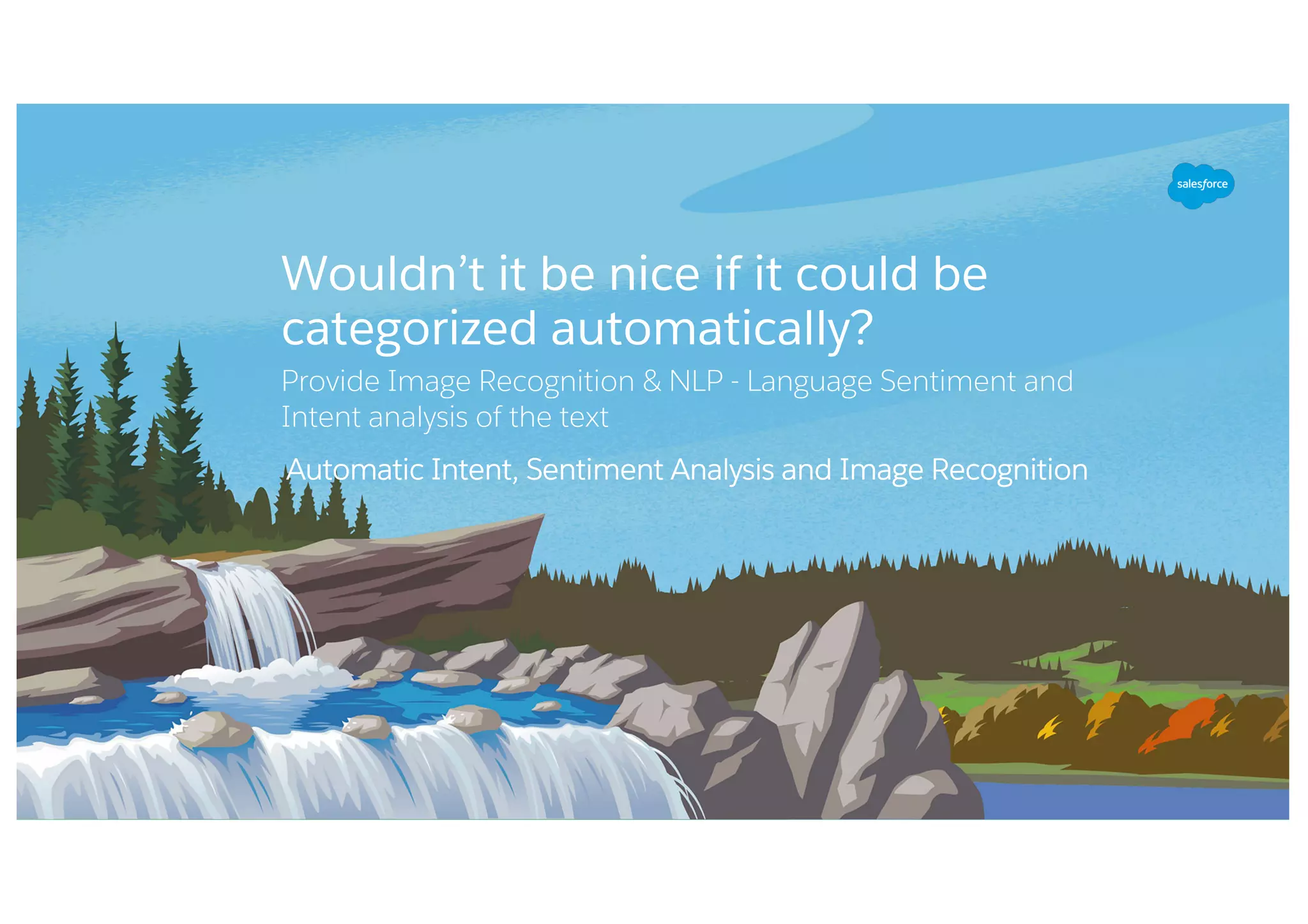 Wouldn’t it be nice if it could be
categorized automatically?
Provide Image Recognition & NLP - Language Sentiment and
Intent analysis of the text
Automatic Intent, Sentiment Analysis and Image Recognition
 