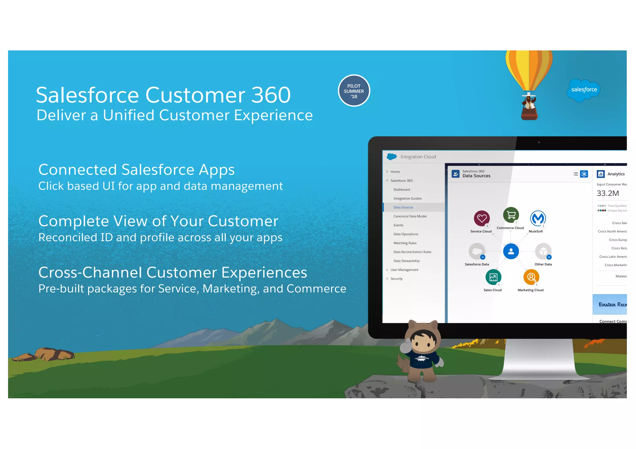 Salesforce Customer 360
Deliver a Unified Customer Experience
Connected Salesforce Apps
Click based UI for app and data management
Complete View of Your Customer
Reconciled ID and profile across all your apps
Cross-Channel Customer Experiences
Pre-built packages for Service, Marketing, and Commerce
PILOT
SUMMER
’18
 