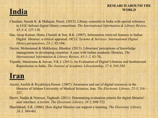 RESEARCH AROUND THE
WORLD
Chauhan, Suresh K. & Mahajan, Preeti. (2013). Library consortia in India with special reference
to UGC-Infonet digital library consortium. The International Information & Library Review,
45:3–4, 127-138.
Das, Anup Kumar, Dutta, Chaitali & Sen, B.K. (2007). Information retrieval features in Indian
Digital libraries: a critical appraisal. OCLC Systems & Services: International Digital
library perspectives, 23:1, 92-104.
Nazim, Mohammad & Mukherjee, Bhaskar. (2013). Librarians' perceptions of knowledge
management in developing countries: A case with Indian academic libraries, The
International Information & Library Review, 45:1–2, 63-76,.
Tripathi, Manorama & Jeevan, V.K.J. (2011). An Evaluation of Digital Libraries and Institutional
Repositories in India. The Journal of Academic Librarianship, 37:6, 543-545.
India
Iran
Asemi, Asefeh & Riyahiniya,Nosrat. (2007). Awareness and use of digital resources in the
libraries of Isfahan University of Medical Sciences, Iran. The Electronic Library, 25:3, 316 –
327.
Hariri, Nadjla & Norouzi, Yaghoub. (2011). Determining evaluation criteria for digital libraries'
user interface: a review. The Electronic Library, 29:5, 698-722.
Sharifabadi, S.R. (2006). How digital libraries can support e-learning. The Electronic Library,
24:3, 389-401.
 