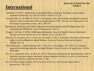 RESEARCH AROUND THE
WORLD
Albertson, D. (2015). Synthesizing visual digital library research to formulate a user-centered
evaluation framework. New Library World, 116(3/4), 122-135.
Anwarul Islam, M., & Ikeda, M. (2014). Convergence issues of knowledge management in digital
libraries: steps towards state-of-the-art digital libraries.VINE: The journal of information and
knowledge management systems, 44(1), 140-159.
Bernaoui, R., & Hassoun, M. (2015). Algerian University Libraries And The Digital Age: New
Communication Behaviors. Library Management, 36(1/2).
Clough, P., & Eleta, I. (2012). Multilingual Information Access in Digital Libraries. Multimedia
Storage and Retrieval Innovations for Digital Library Systems, 85.
Dalip, D. H., Gonçalves, M. A., Cristo, M., & Calado, P. (2011). Automatic assessment of document
quality in web collaborative digital libraries. Journal of Data and Information Quality
(JDIQ), 2(3), 14.
Diaz-Valenzuela, I., Martin-Bautista, M. J., Vila, M. A., & Campaña, J. R. (2013). An automatic
system for identifying authorities in digital libraries. Expert Systems with Applications, 40(10),
3994-4002.
Fox, E. A., Gonçalves, M. A., & Shen, R. (2012). Theoretical foundations for digital libraries: The 5S
(societies, scenarios, spaces, structures, streams) approach. Synthesis Lectures on Information
Concepts, Retrieval, and Services, 4(2), 1-180.
Fox, R. (2012). Digital viability. OCLC Systems & Services: International digital library
perspectives, 28(1), 6-13.
International
 