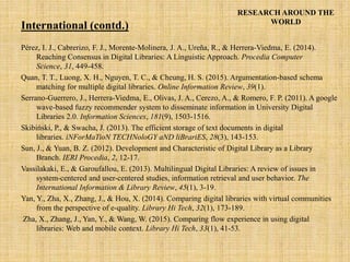 RESEARCH AROUND THE
WORLD
Pérez, I. J., Cabrerizo, F. J., Morente-Molinera, J. A., Ureña, R., & Herrera-Viedma, E. (2014).
Reaching Consensus in Digital Libraries: A Linguistic Approach. Procedia Computer
Science, 31, 449-458.
Quan, T. T., Luong, X. H., Nguyen, T. C., & Cheung, H. S. (2015). Argumentation-based schema
matching for multiple digital libraries. Online Information Review, 39(1).
Serrano-Guerrero, J., Herrera-Viedma, E., Olivas, J. A., Cerezo, A., & Romero, F. P. (2011). A google
wave-based fuzzy recommender system to disseminate information in University Digital
Libraries 2.0. Information Sciences, 181(9), 1503-1516.
Skibiński, P., & Swacha, J. (2013). The efficient storage of text documents in digital
libraries. iNForMaTioN TECHNoloGY aND liBrariES, 28(3), 143-153.
Sun, J., & Yuan, B. Z. (2012). Development and Characteristic of Digital Library as a Library
Branch. IERI Procedia, 2, 12-17.
Vassilakaki, E., & Garoufallou, E. (2013). Multilingual Digital Libraries: A review of issues in
system-centered and user-centered studies, information retrieval and user behavior. The
International Information & Library Review, 45(1), 3-19.
Yan, Y., Zha, X., Zhang, J., & Hou, X. (2014). Comparing digital libraries with virtual communities
from the perspective of e-quality. Library Hi Tech, 32(1), 173-189.
Zha, X., Zhang, J., Yan, Y., & Wang, W. (2015). Comparing flow experience in using digital
libraries: Web and mobile context. Library Hi Tech, 33(1), 41-53.
International (contd.)
 