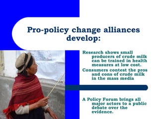 Pro-policy change alliances develop: Research shows small producers of crude milk can be trained in health measures at low...