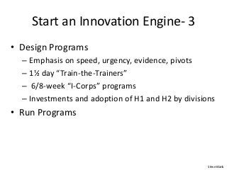 Start an Innovation Engine- 3
• Design Programs
– Emphasis on speed, urgency, evidence, pivots
– 1½ day “Train-the-Trainer...