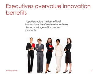 Executives overvalue innovation
benefits
material minds 13
Suppliers value the benefits of
innovations they’ve developed over
the advantages of incumbent
products.
 